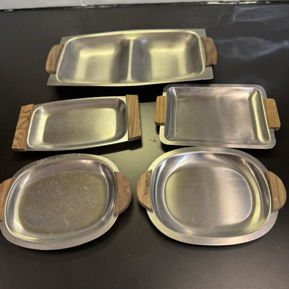 Vintage Imperial‎ Japan Relish Dish Tray Wooden Handles Set Of 5 Stainless MCM